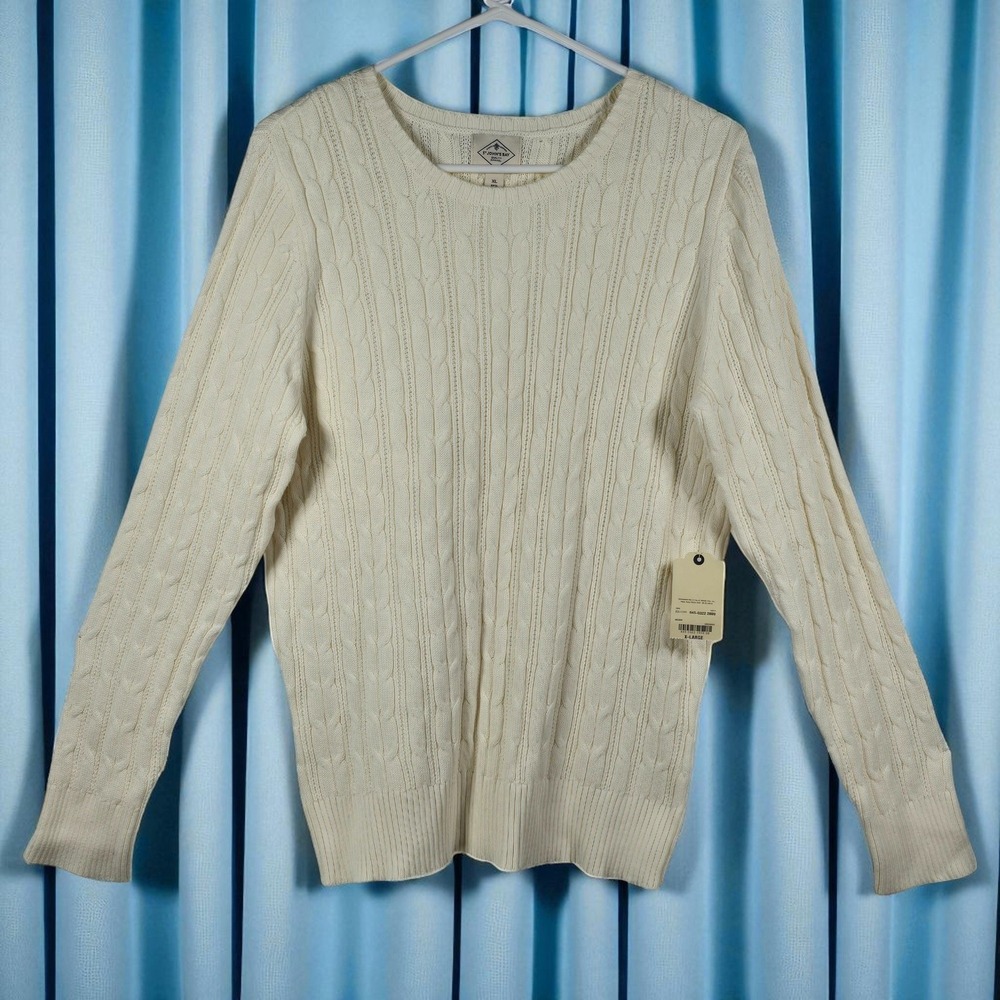 St. John's Bay Womens XL Cream Cable Knit Crew Neck Long Sleeve Sweater New